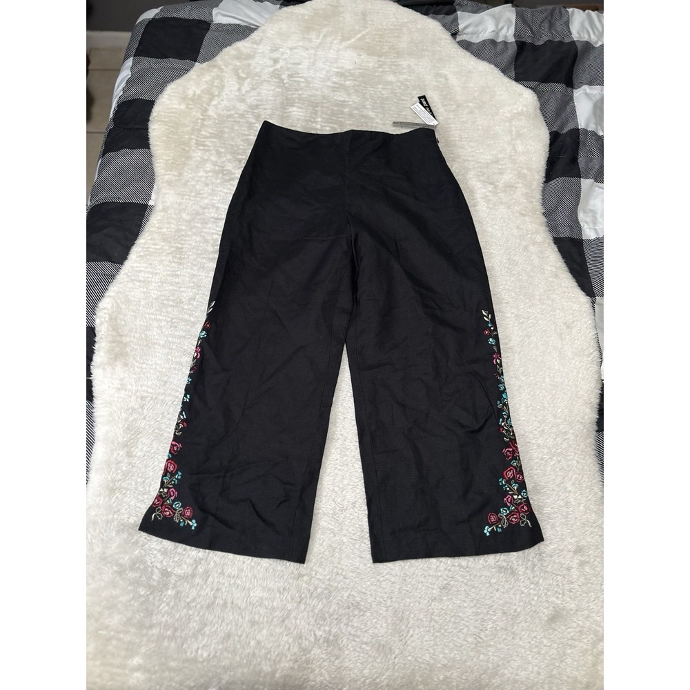 New Larry Levine Women's Black Linen‎ Blend Cropped Floral Pants Size 10 Lined
